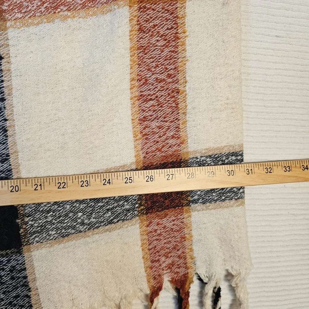 Woven Plaid Fringe Shawl Wrap Cream Rust Black One Size